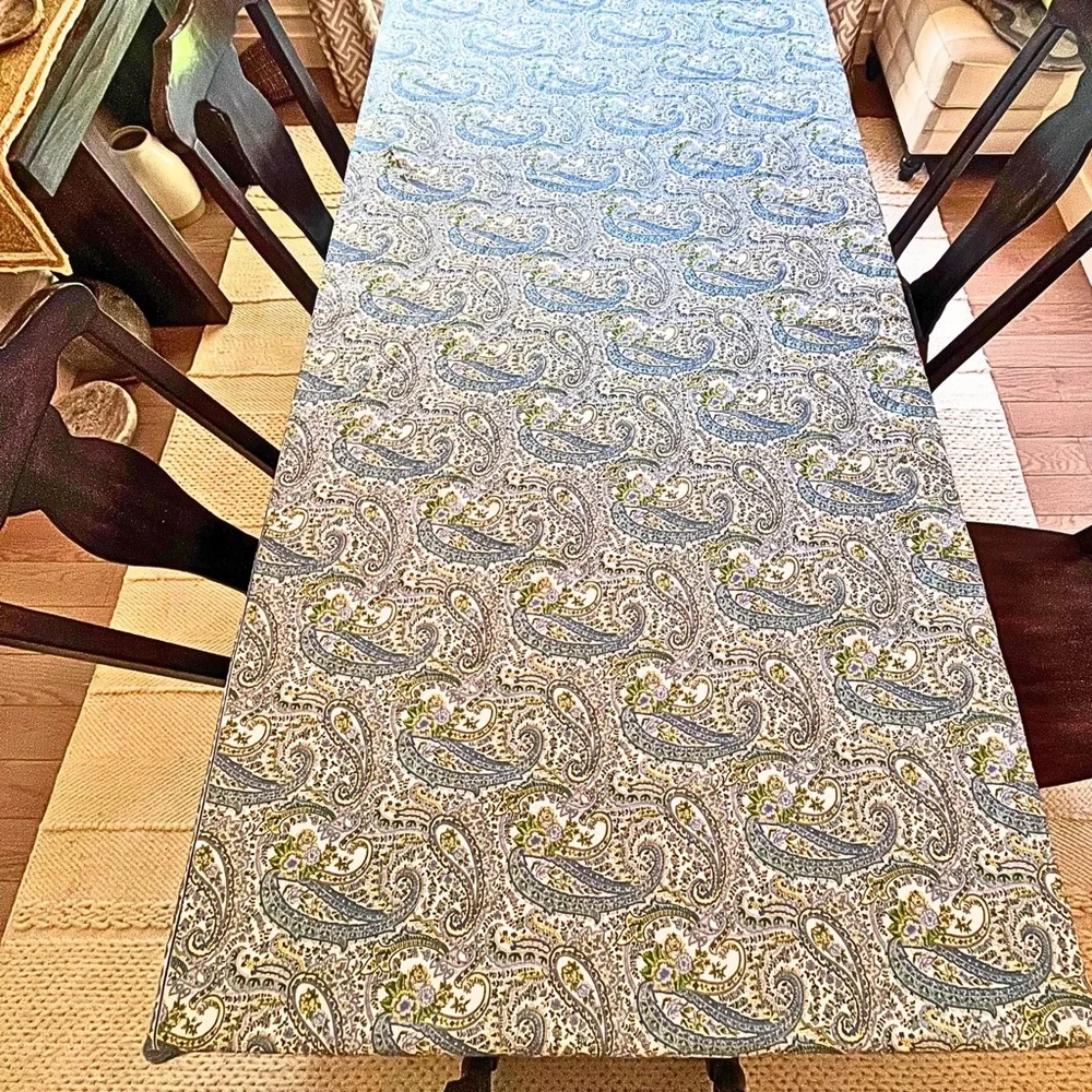 Huge 116x56 Extra Long Blue Yellow White Paisley Floral Cotton Tablecloth - XL